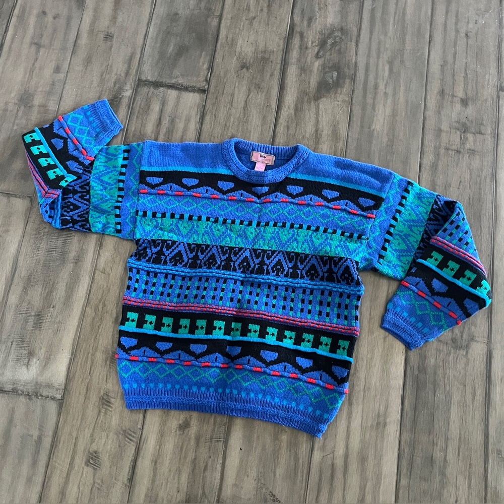 Vintage 90s Concrete Mix Blue Geometric Coogi Style Chunky Sweater - Size Large